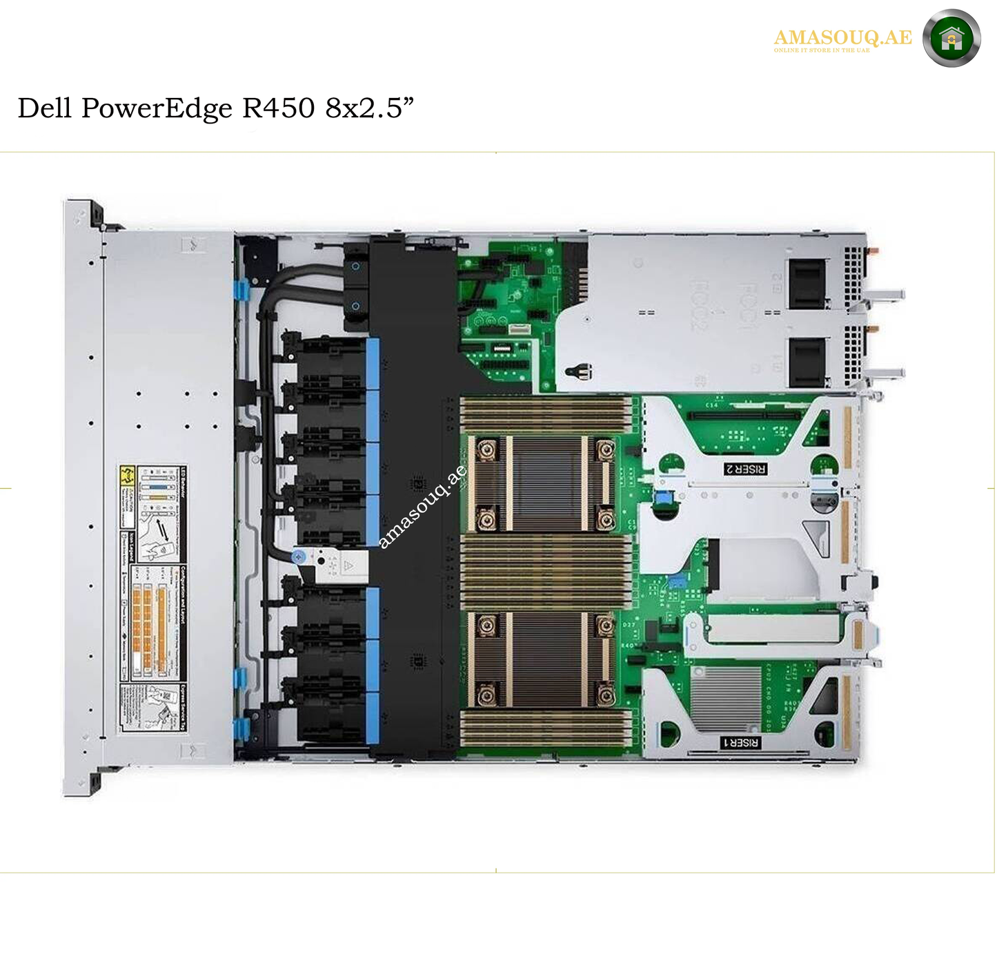 Dell PowerEdge R450 8x2.5" rack server shown from the top, revealing internal components including the power supply, motherboard, memory slots, and cooling fans.