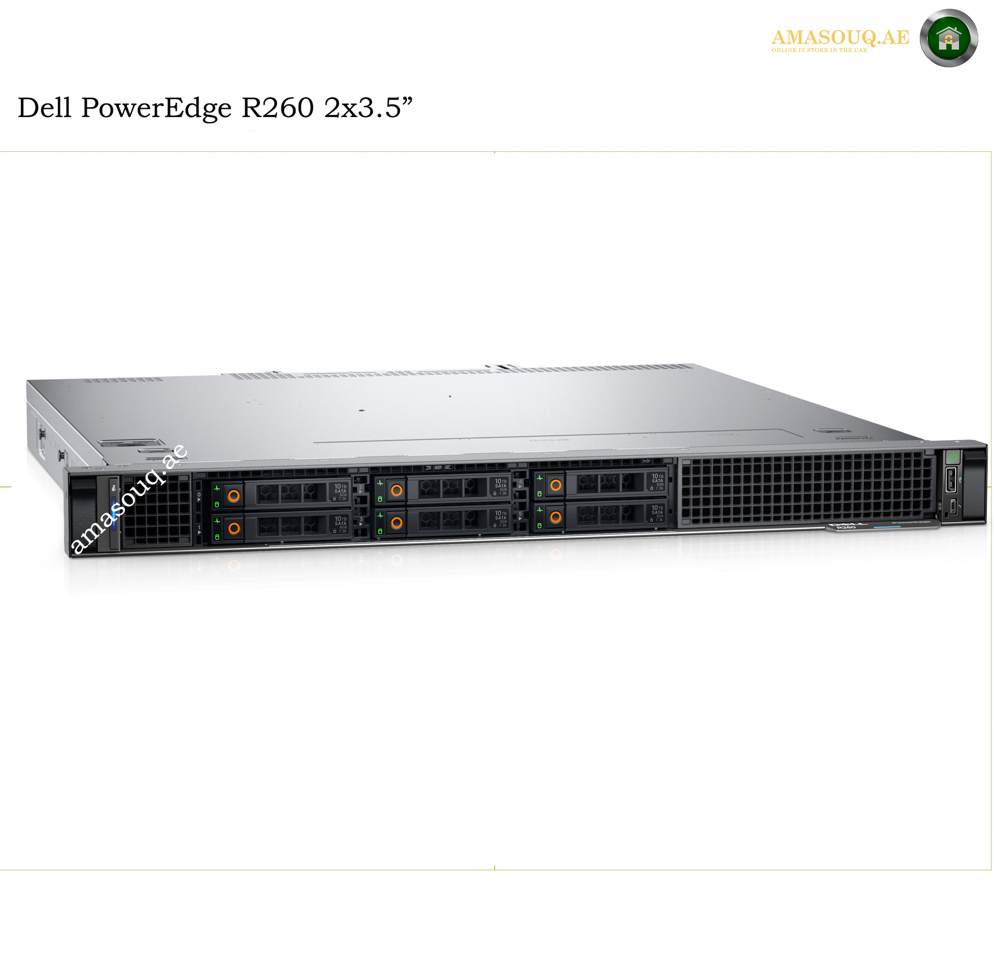 Dell PowerEdge R260 2x3.5" rack server shown from a front-three-quarter angle on a white background, with Dell branding visible on the product and seller watermarks.
