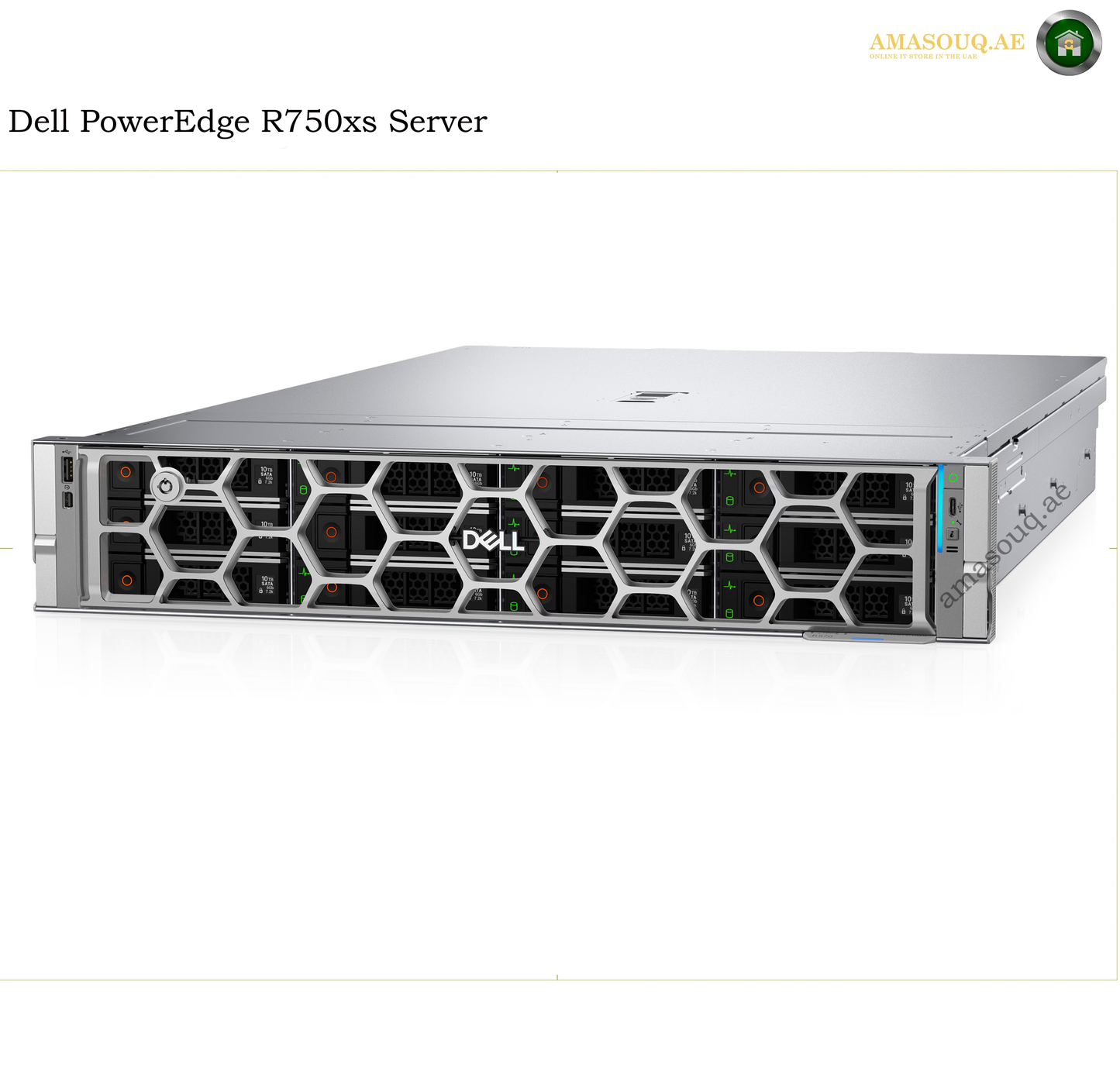 Dell PowerEdge R750xs server shown in a three-quarter front view on a white background, with the Dell logo visible on the front grille.