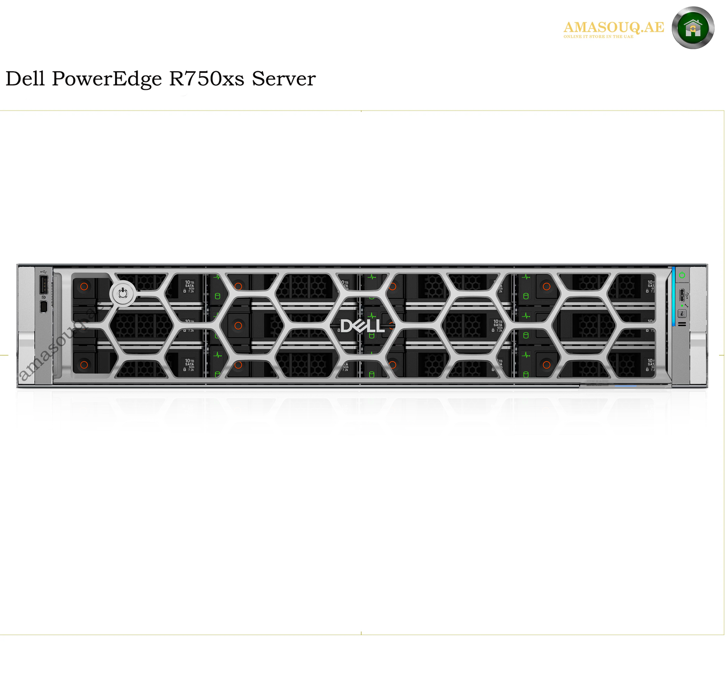 Dell PowerEdge R750xs server shown in a front-on product shot against a white background, with Dell branding visible on the front panel.
