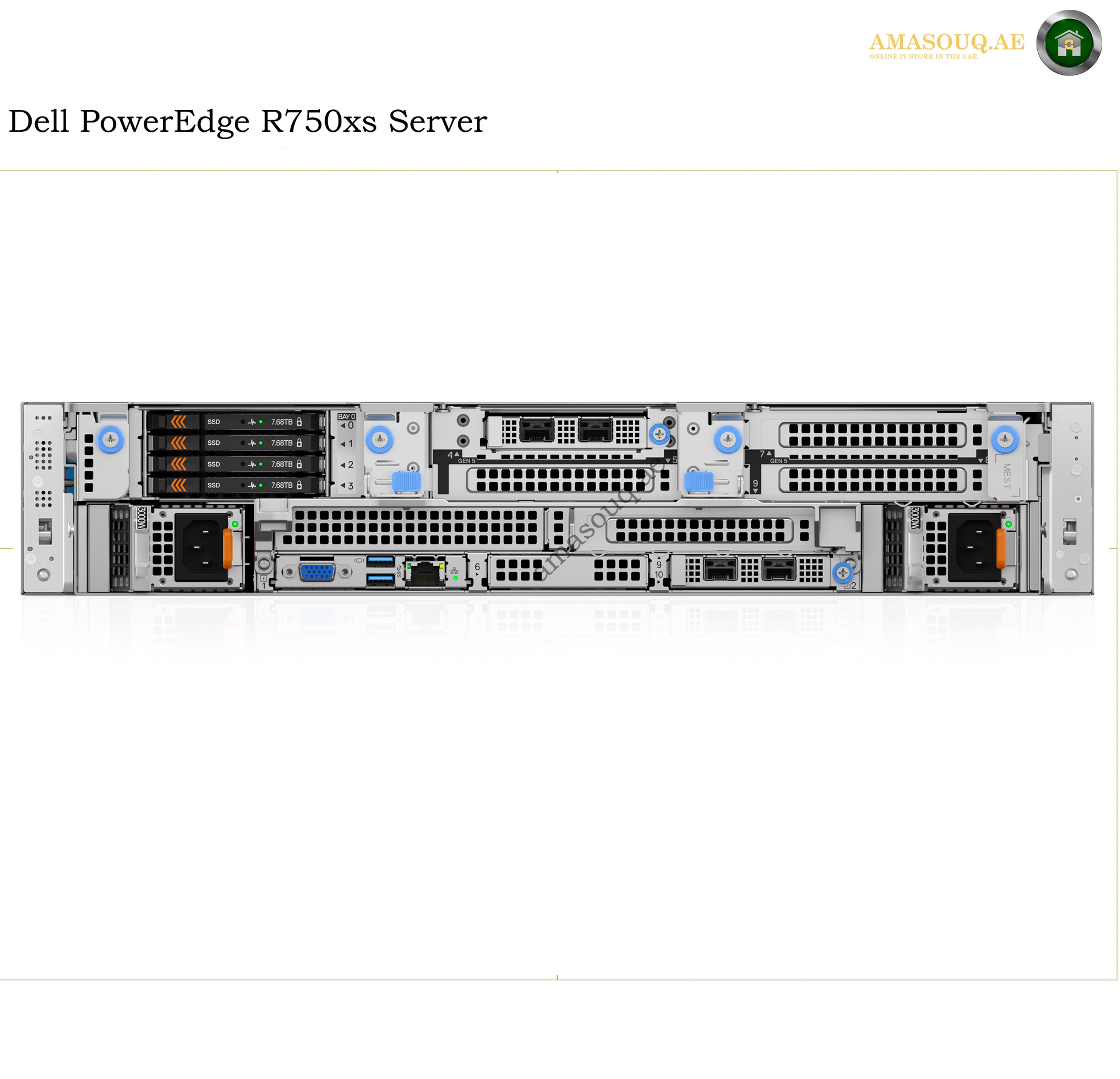 Dell PowerEdge R750xs server shown from the front, featuring a silver and white chassis with multiple drive bays, front panel connectors, and blue illuminated status lights, set against a white background with a watermark in the top right.