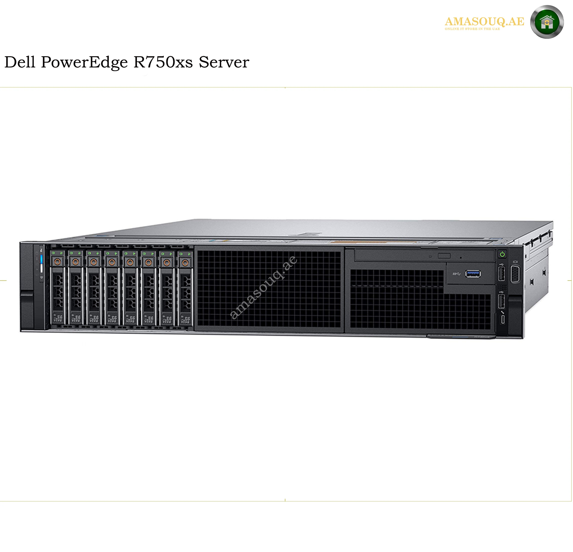 Dell PowerEdge R750xs server shown in a front-facing studio-style product shot on a white background, with Dell branding visible on the front panel.