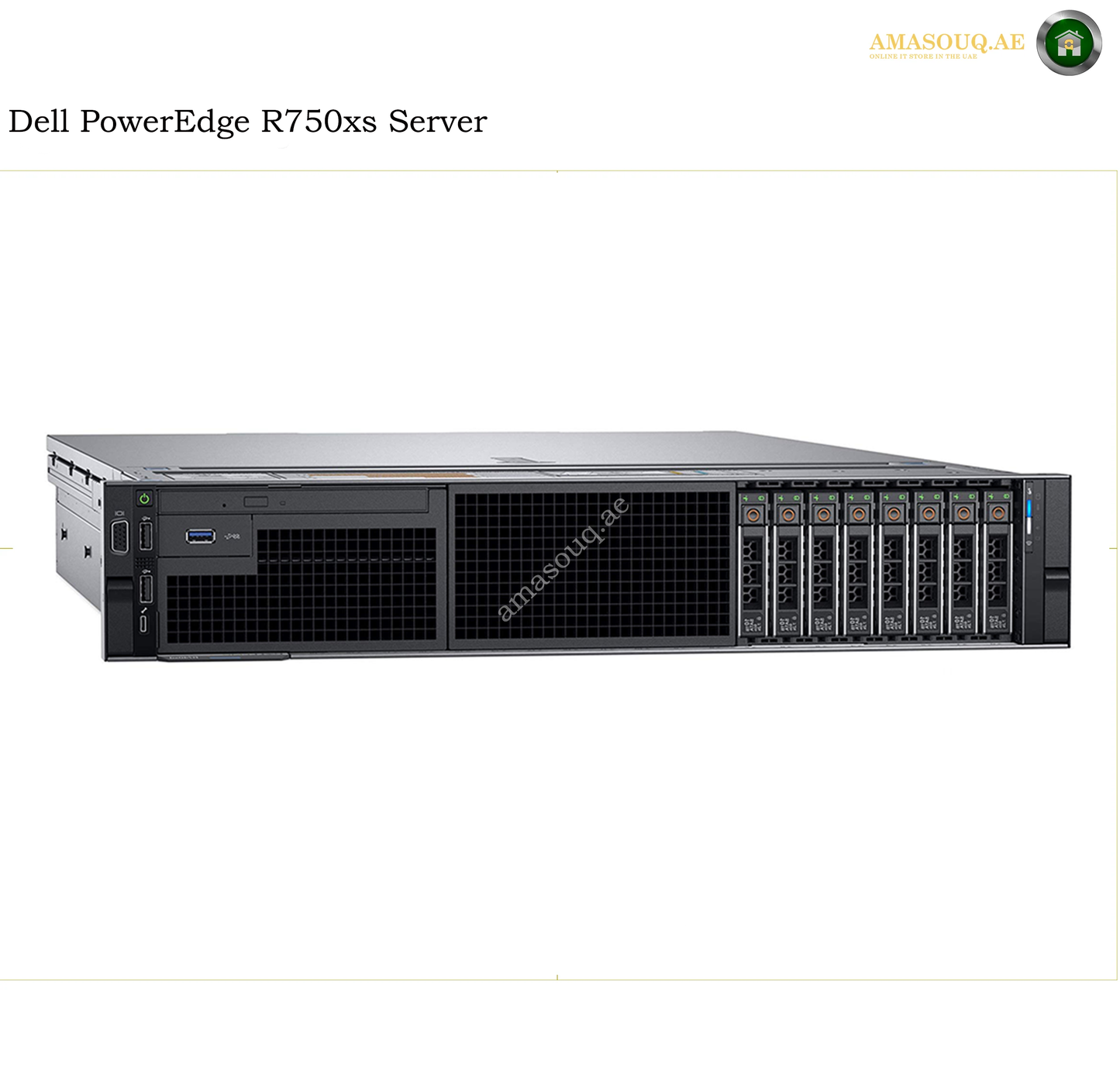 Dell PowerEdge R750xs server shown in a front-facing studio-style product shot on a white background, with model text at the top left and a small AMASOUQAE watermark/logo overlay.
