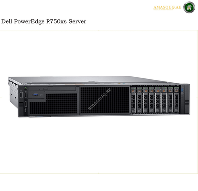 Dell PowerEdge R750xs server shown in a front-facing studio-style product shot on a white background, with model text at the top left and a small AMASOUQAE watermark/logo overlay.