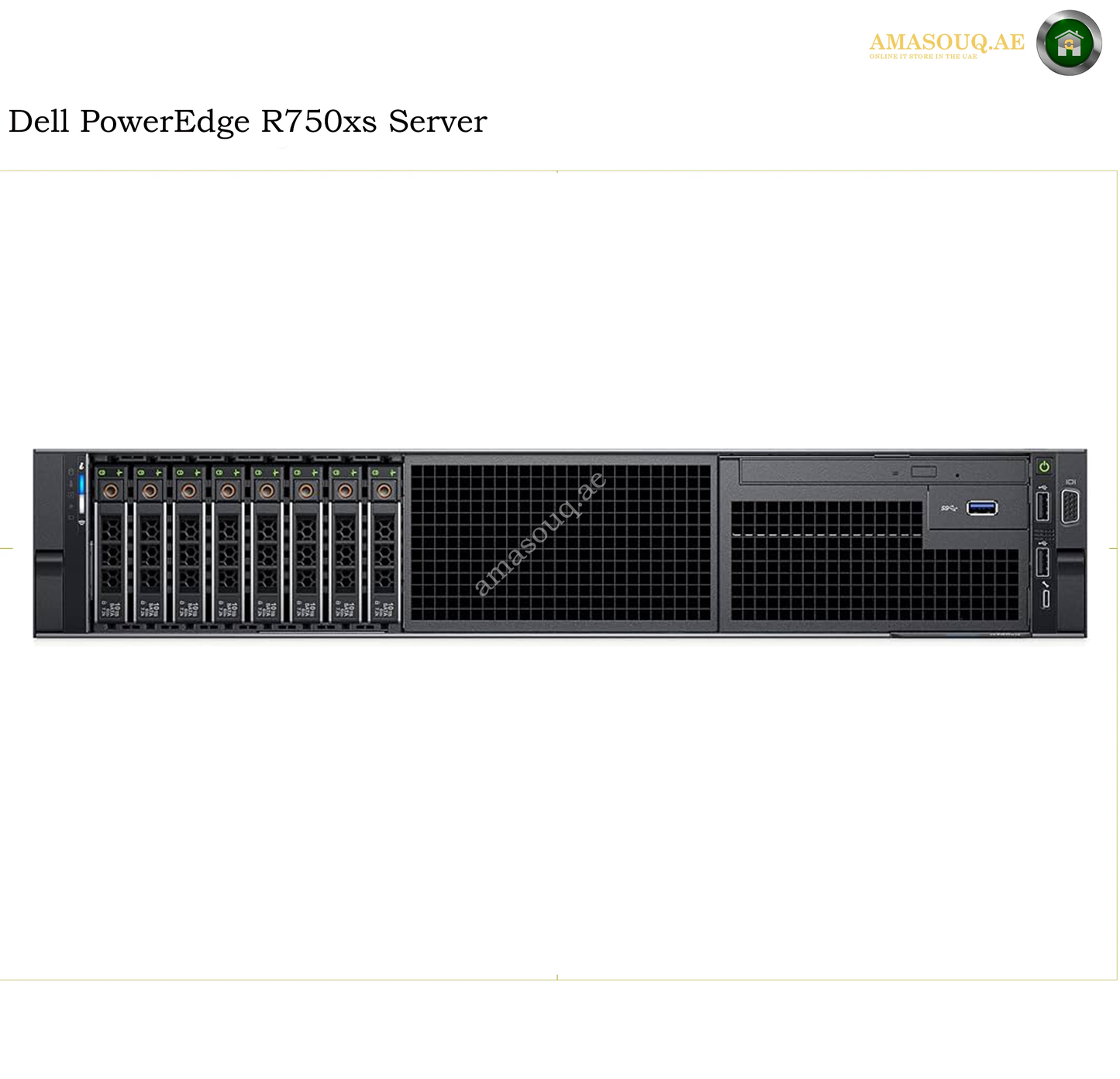 Dell PowerEdge R750xs server shown from the front on a white background, with model text at the top and an Amasouqae watermark across the center.