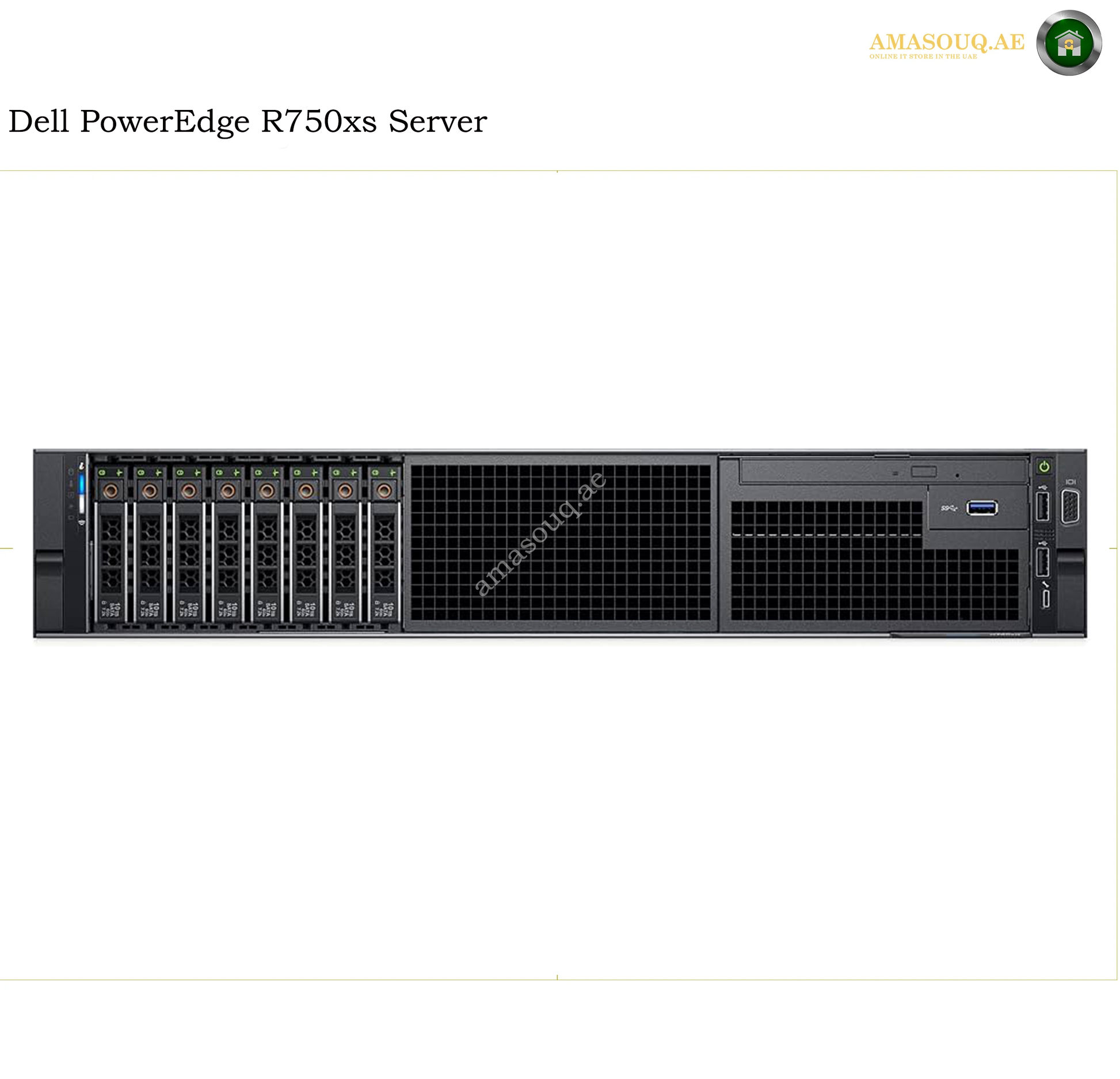 Dell PowerEdge R750xs server shown from the front on a white background, with model text at the top and an Amasouqae watermark across the center.