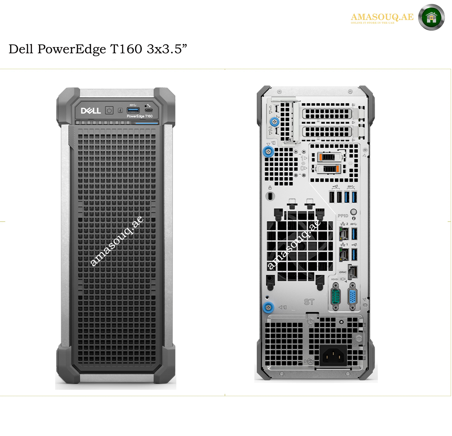 Dell PowerEdge T160 3x3.5" tower computer shown from the front and back, featuring a dark gray and black front grille design and a silver metal back panel with multiple ports.