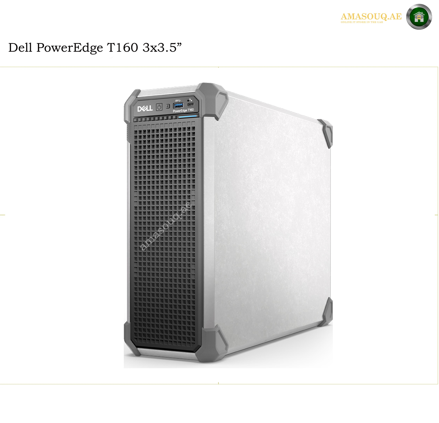 Dell PowerEdge T160 3x3.5" tower server computer with a brushed silver metal chassis, black front grille, and gray protective corner bumpers, shown on a white background with a watermark.
