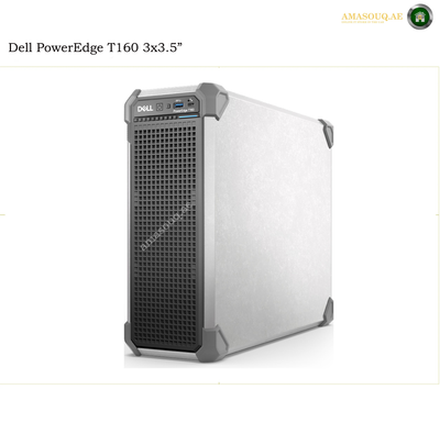 Dell PowerEdge T160 3x3.5" tower server computer with a brushed silver metal chassis, black front grille, and gray protective corner bumpers, shown on a white background with a watermark.