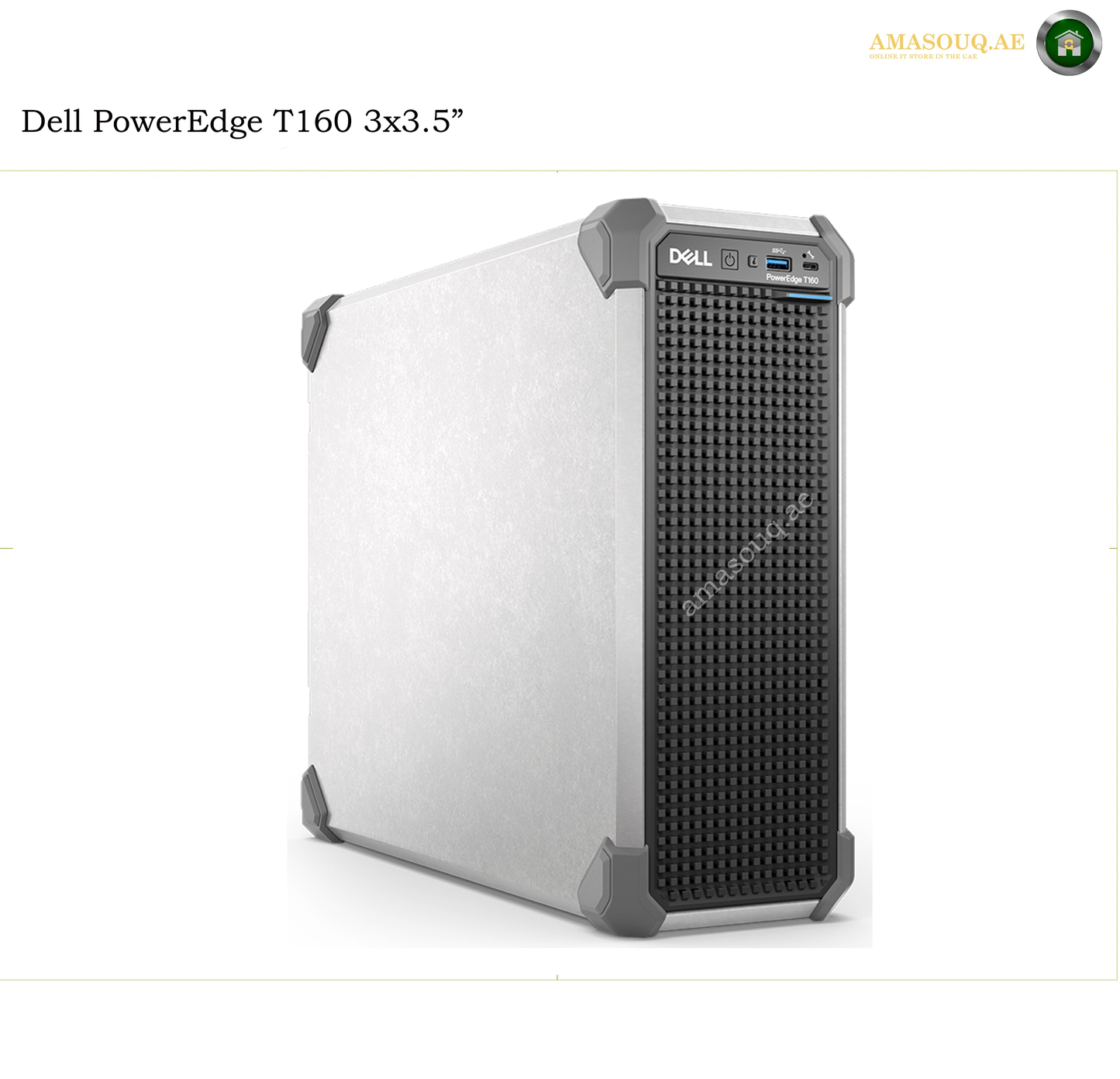 Dell PowerEdge T160 3x3.5" tower computer in a brushed silver aluminum case with a black front grille, shown on a white background with text overlay.