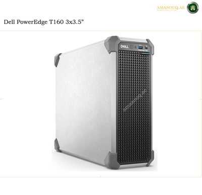 Dell PowerEdge T160 3x3.5" tower computer in a brushed silver aluminum case with a black front grille, shown on a white background with text overlay.