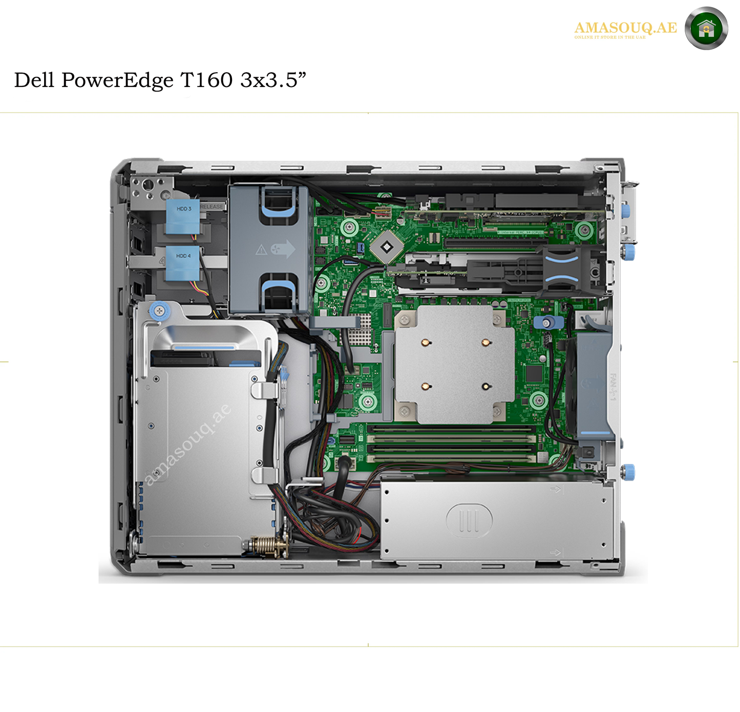 An open Dell PowerEdge T160 3x3.5" server chassis showing the internal components, including the green motherboard, CPU socket, cooling fans, and drive bays, on a white background with text and logo overlays.