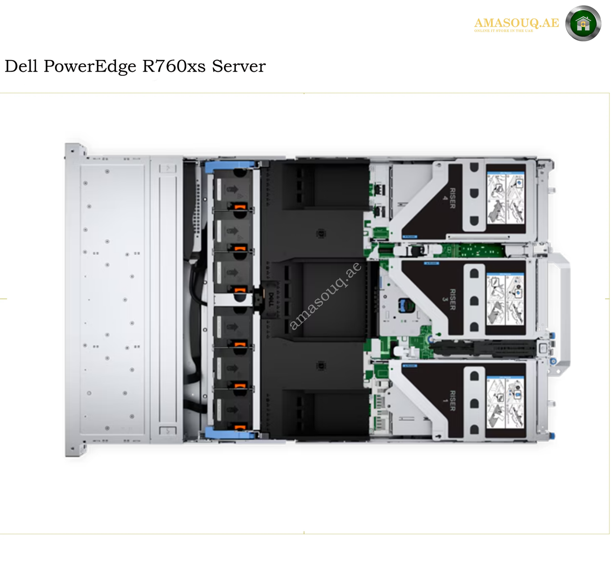 Top-down view of a Dell PowerEdge R760xs server chassis showing internal components, drive bays, and cooling fans on a white background.