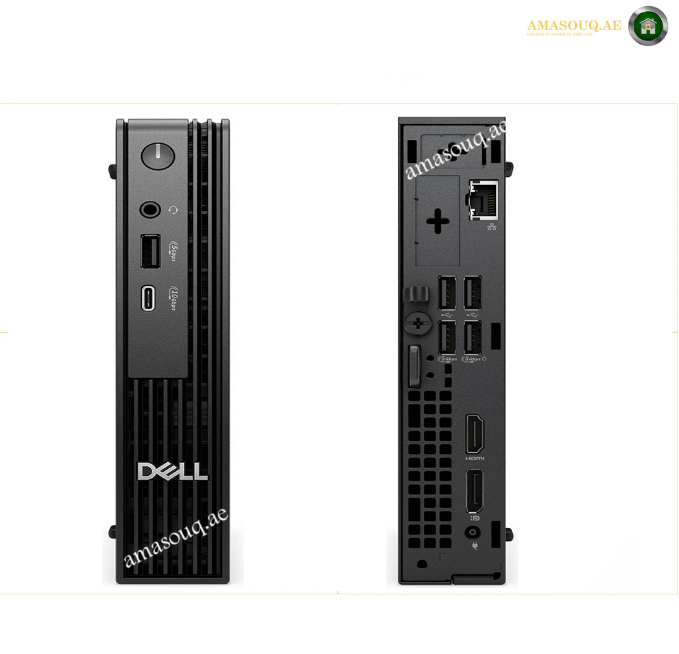 Dell Pro Micro QCM1250 with 8GB DDR5 RAM and 512GB SSD. Front and back views of a black Dell desktop mini computer on a white background, showing various ports and front panel details.