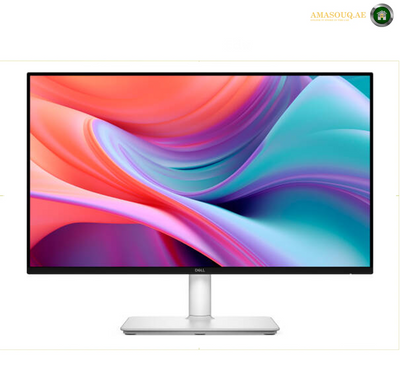 Dell S2425HSM 23.8 inch FHD IPS monitor front view . Dell computer monitor with a slim black bezel and a silver stand, displaying a colorful abstract wave wallpaper on a white background.