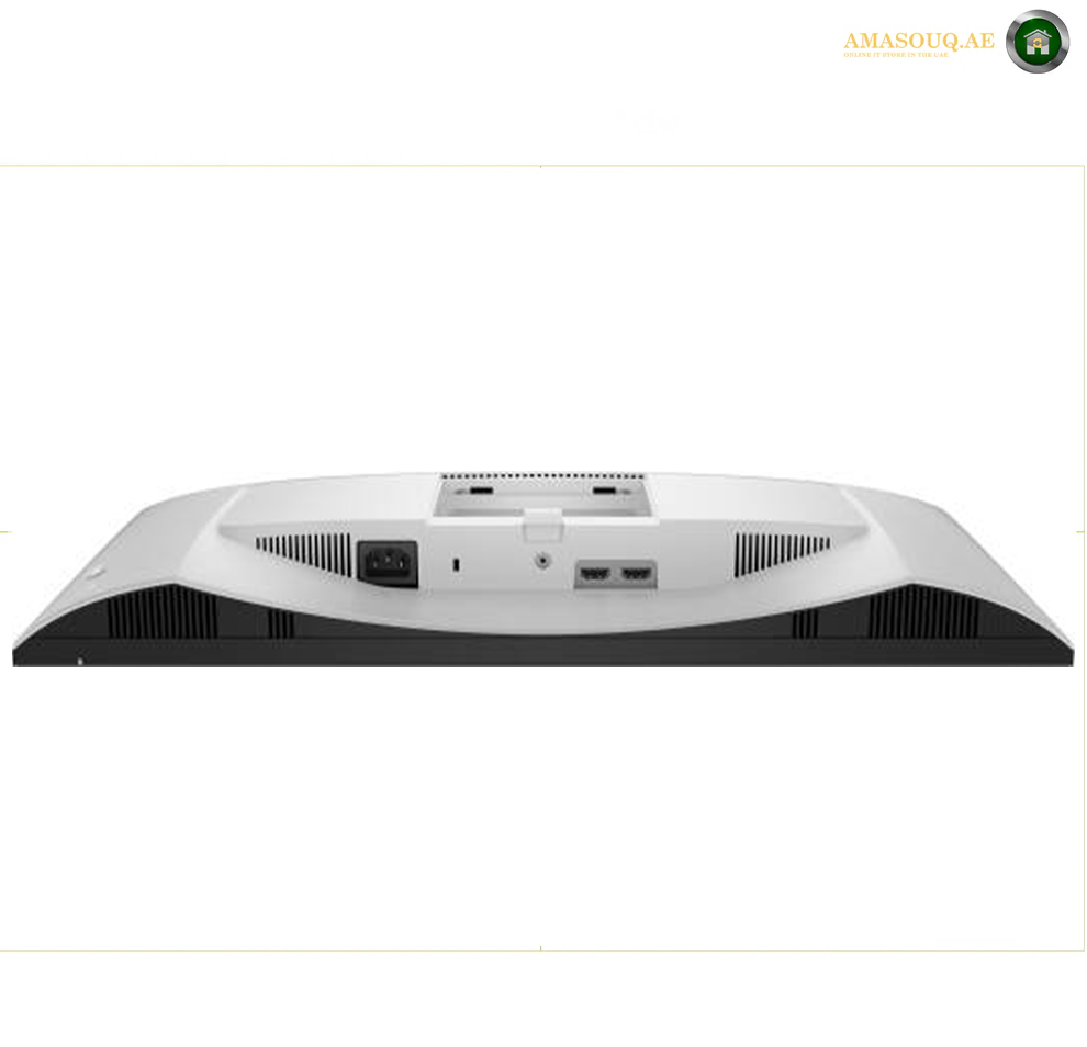 Dell S2425HSM rear HDMI ports . The rear view of a white and black computer monitor stand against a white background, showing ports and ventilation grilles.