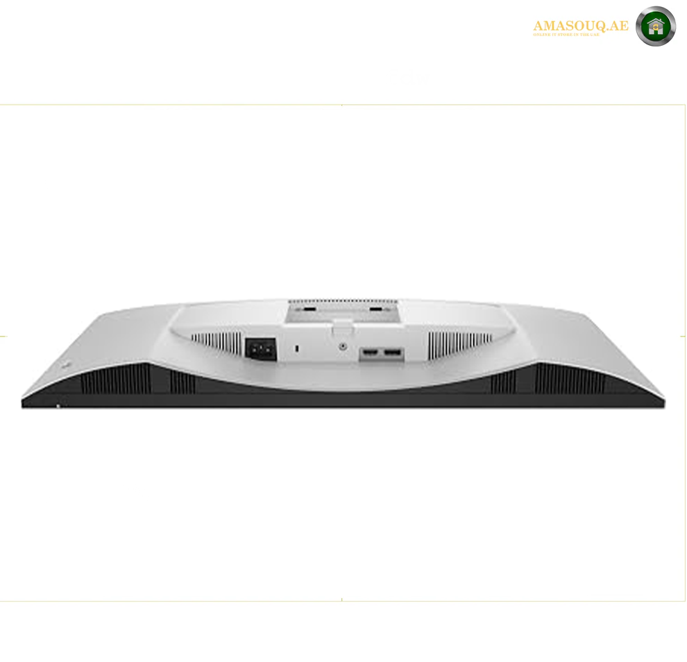 Dell S2725DSM 27 inch QHD monitor port view  side . The back view of a sleek, modern computer monitor with a white top casing, black lower bezel, and ventilation grilles, shown on a white background with a watermark in the top right corner.