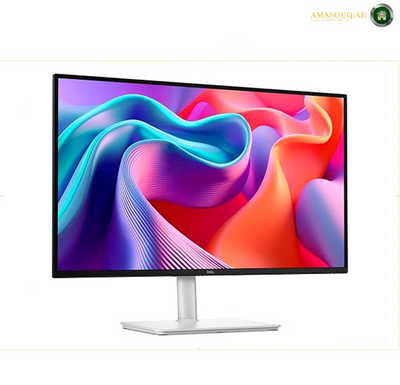 Dell S3225QS 32-inch 4K UHD 120Hz Monitor Front View . modern curved computer monitor with a slim black bezel and a silver stand, displaying a colorful abstract wallpaper on a white background.