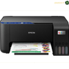 Buy Epson EcoTank L3252 Wi-Fi printer with print, scan and copy functions, refillable ink tanks, Wi-Fi Direct and affordable colour printing.. An Epson printer shown from the front on a white background, with a printed sheet emerging from the paper tray and four ink tanks visible on the right side.
