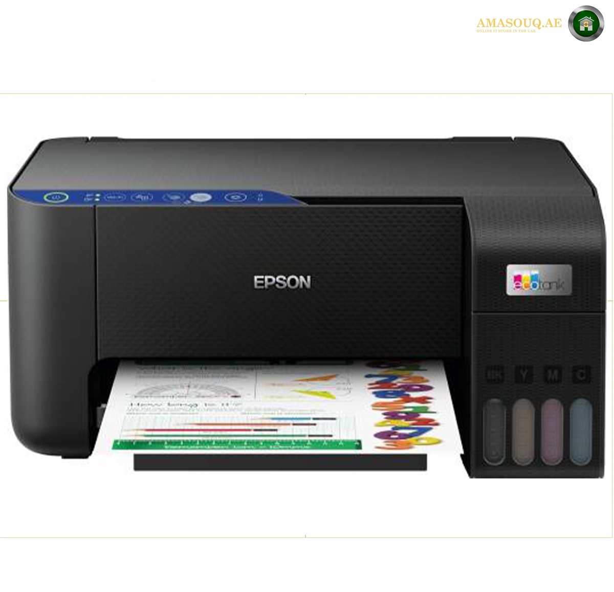 Buy Epson EcoTank L3252 Wi-Fi printer with print, scan and copy functions, refillable ink tanks, Wi-Fi Direct and affordable colour printing.. An Epson printer shown from the front on a white background, with a printed sheet emerging from the paper tray and four ink tanks visible on the right side.
