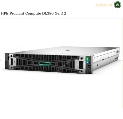 HPE ProLiant Compute DL380 Gen12 server shown from a three-quarter angle on a white background, featuring a silver chassis, black front panel, and green status LEDs.
