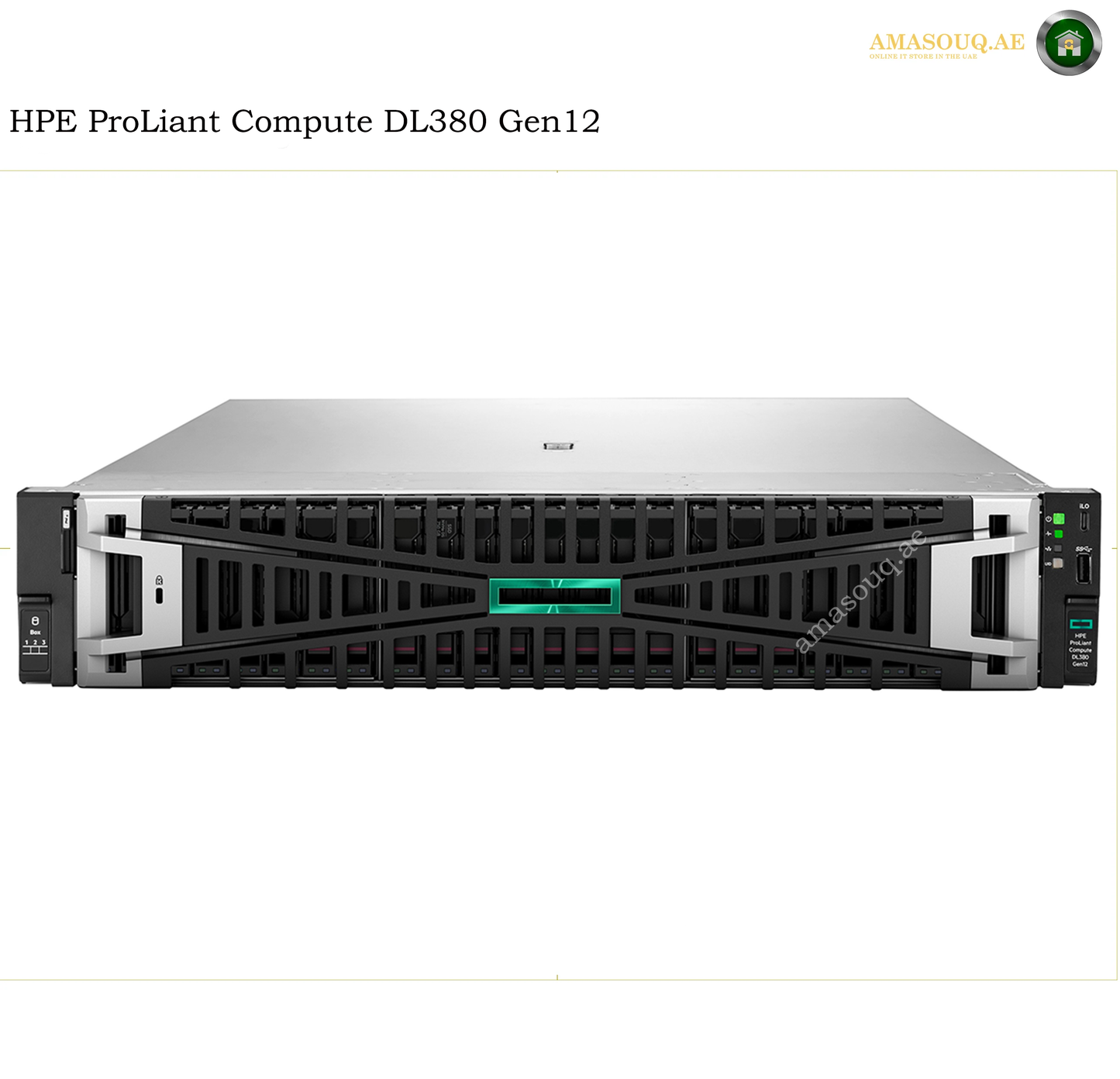 HPE ProLiant Compute DL380 Gen12 server chassis shown from the front on a white background, with a title text at the top left and an Amasouqae watermark.
