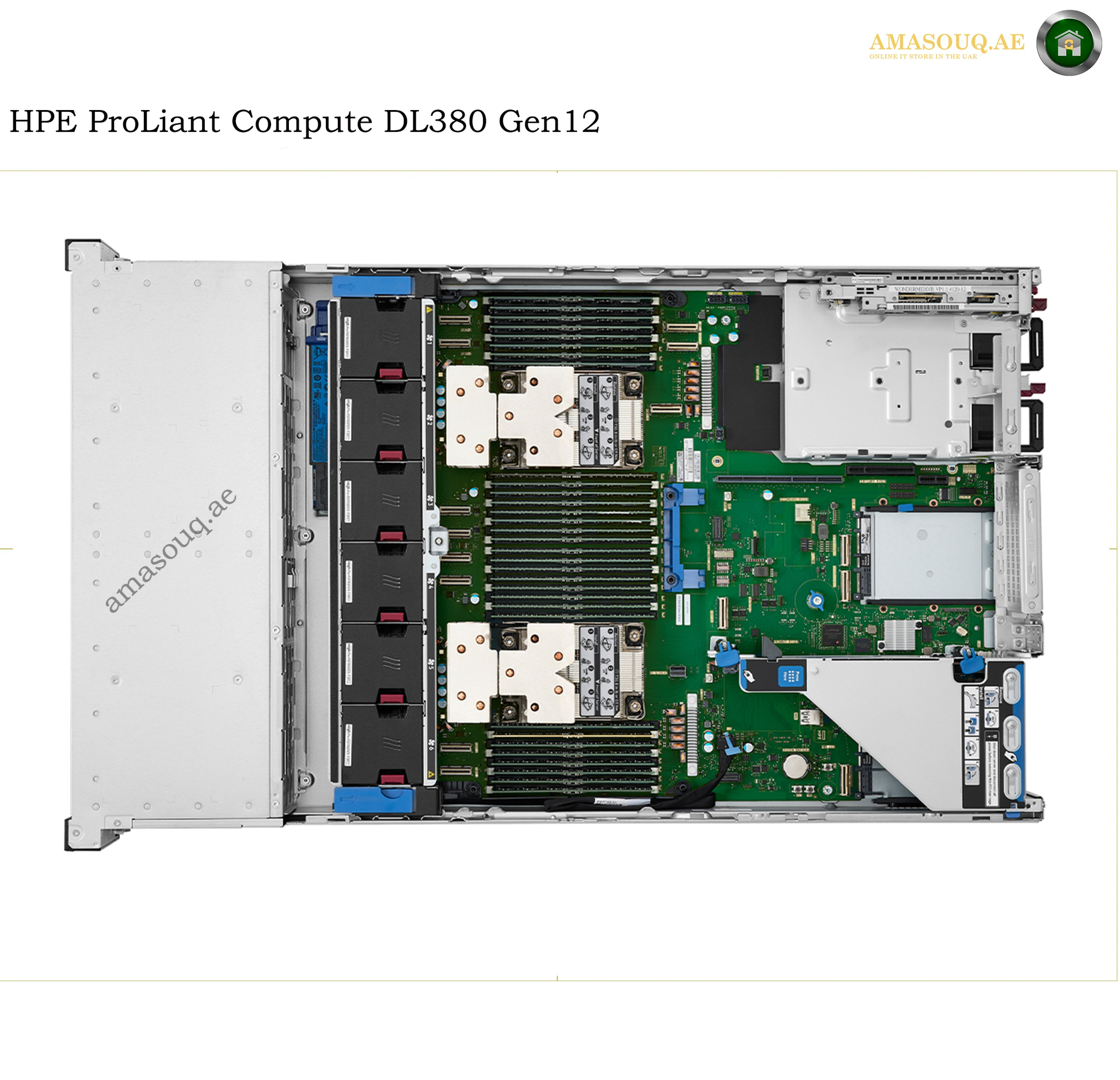 A HPE ProLiant Compute DL380 Gen12 server shown from a top-down perspective, revealing the internal hardware, motherboard, heat sinks, and drive bays. The server is set against a white background with a black border, and text at the top reads 'HPE ProLiant Compute DL380 Gen12'.