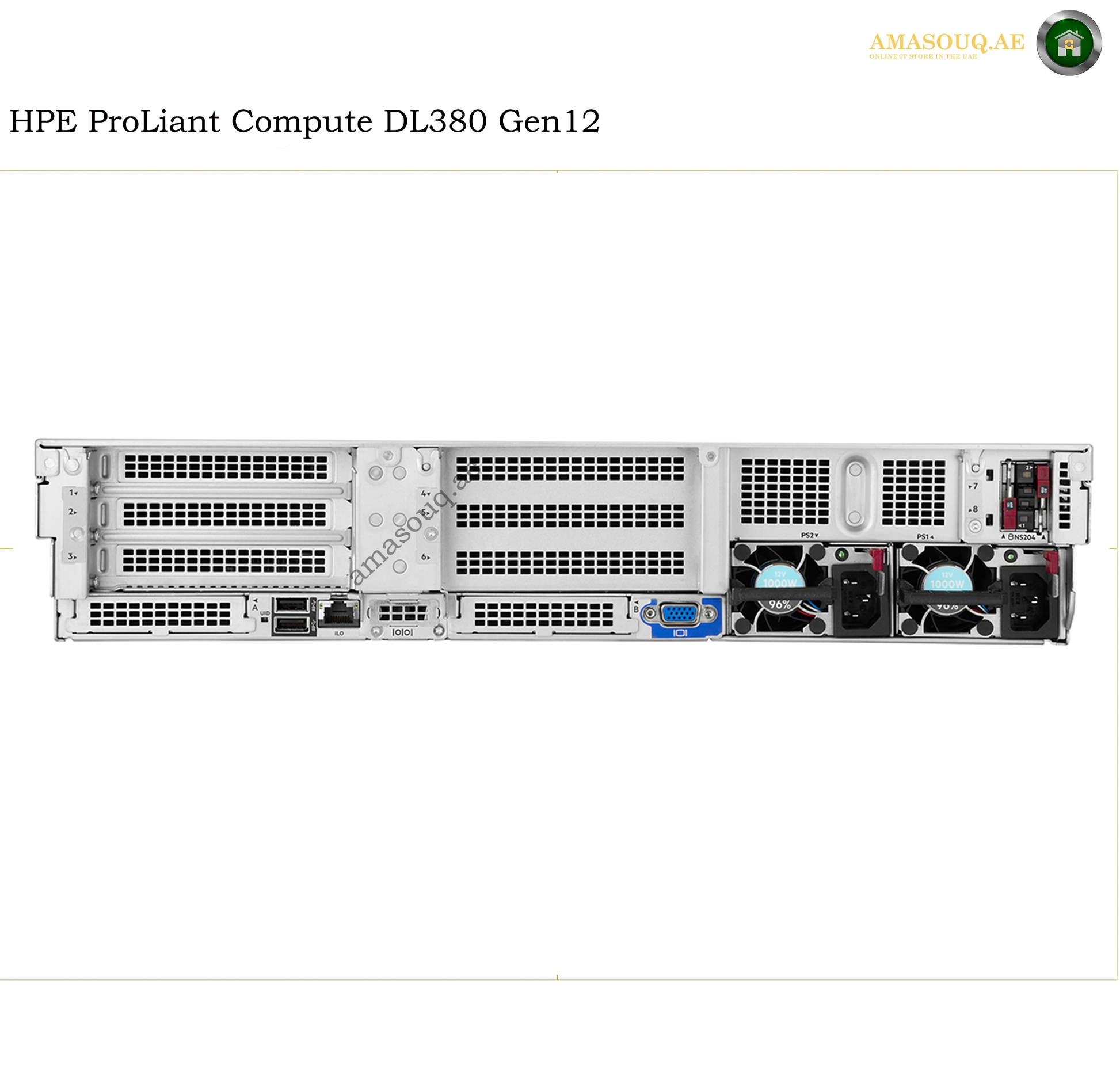 HPE ProLiant Compute DL380 Gen12 server shown from the rear, featuring dual cooling fans, a blue VGA port, and multiple ventilation grates on a white background with text and logo overlays.