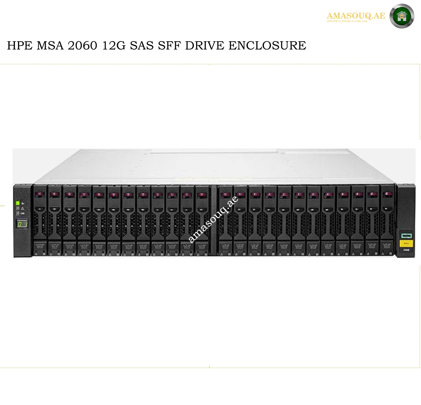 HPE MSA 2060 12G SAS SFF drive enclosure shown from the front on a white background, with HPE branding visible on the top left and a small yellow HPE badge on the lower right front panel.