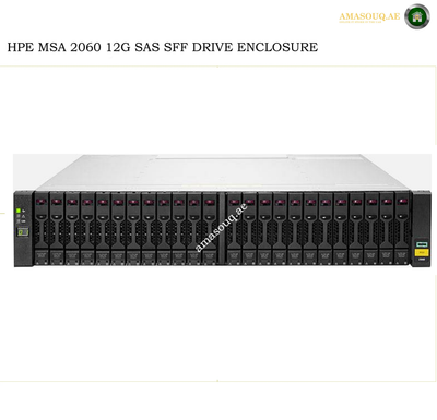 HPE MSA 2060 12G SAS SFF drive enclosure shown from the front on a white background, with HPE branding visible on the top left and a small yellow HPE badge on the lower right front panel.