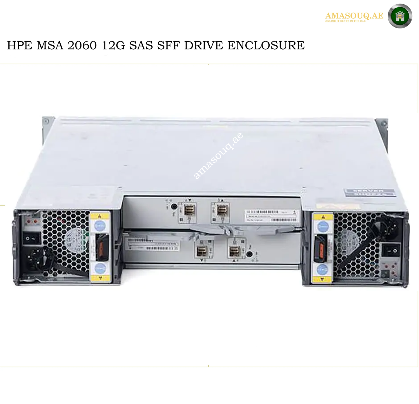 HPE MSA 2060 12G SAS SFF drive enclosure shown from the front, featuring silver metal casing, dual power supplies, and front I/O bays, with text overlay at the top and a watermark across the center.