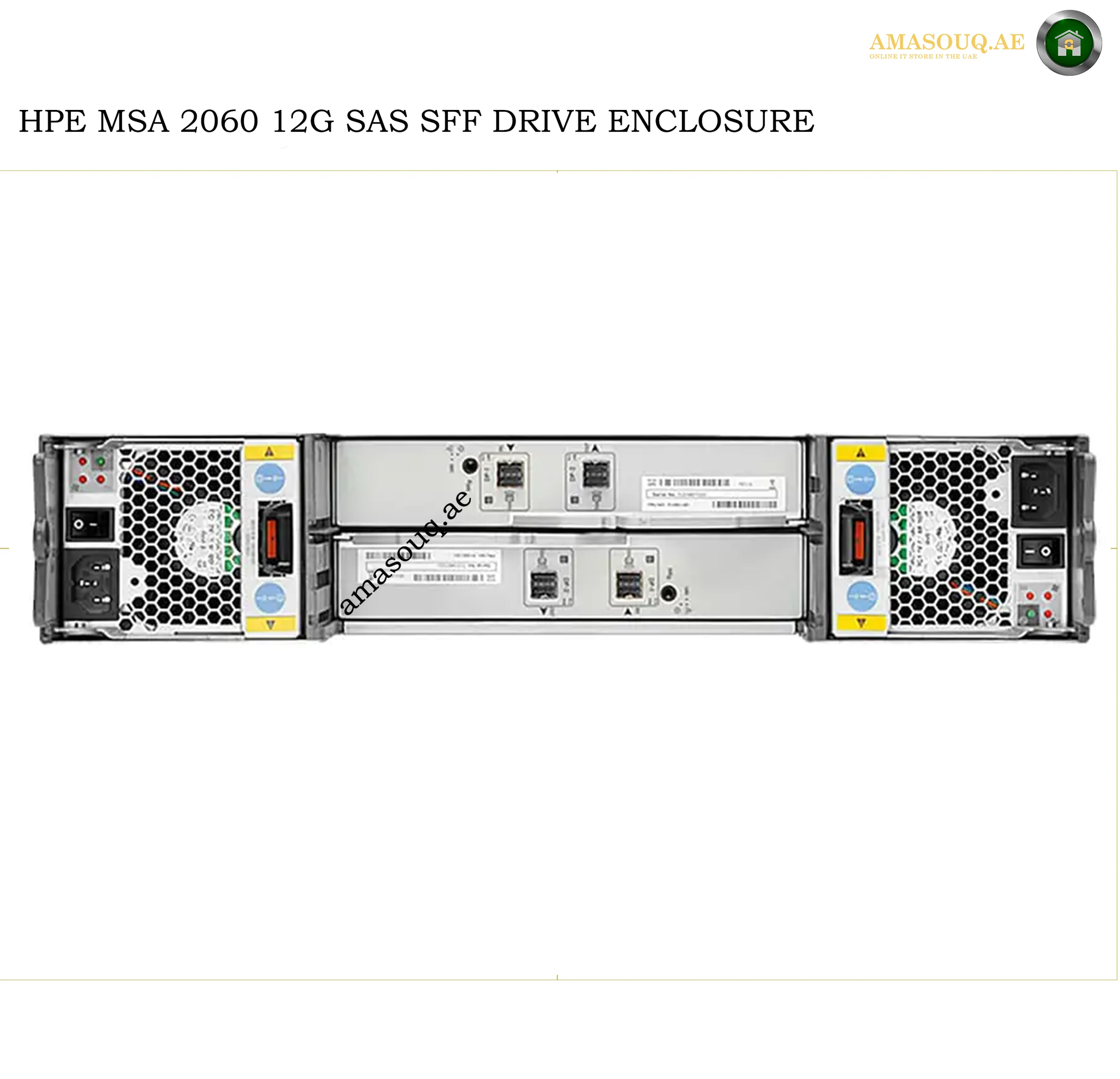 HPE MSA 2060 12G SAS SFF drive enclosure shown from the front on a white background, with a product title text overlay at the top and a watermark across the center.