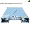 HPE MSA 2060 12G SAS SFF drive enclosure shown from the rear, featuring two open drive bays with visible power supplies and ports on a white background with text overlays.