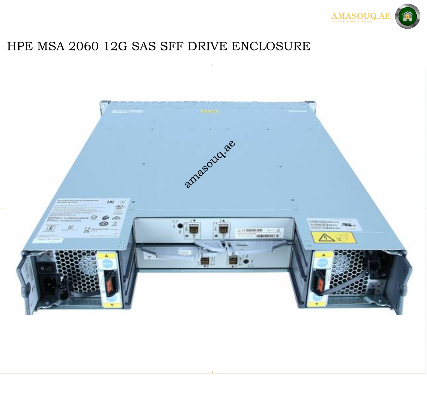 HPE MSA 2060 12G SAS SFF drive enclosure shown from the rear, featuring two open drive bays with visible power supplies and ports on a white background with text overlays.