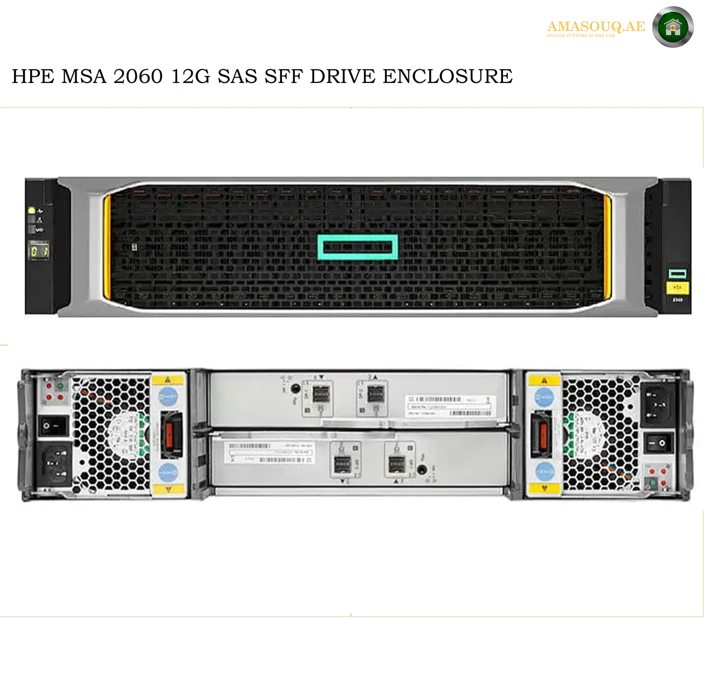HPE MSA 2060 12G SAS SFF drive enclosure shown from the front and rear, with a black front grille, silver metal chassis, yellow side accents, and ventilation grilles. The image includes the text 'HPE MSA 2060 12G SAS SFF DRIVE ENCLOSURE' at the top and an 'AMASOUQAE' watermark in the upper right corner.