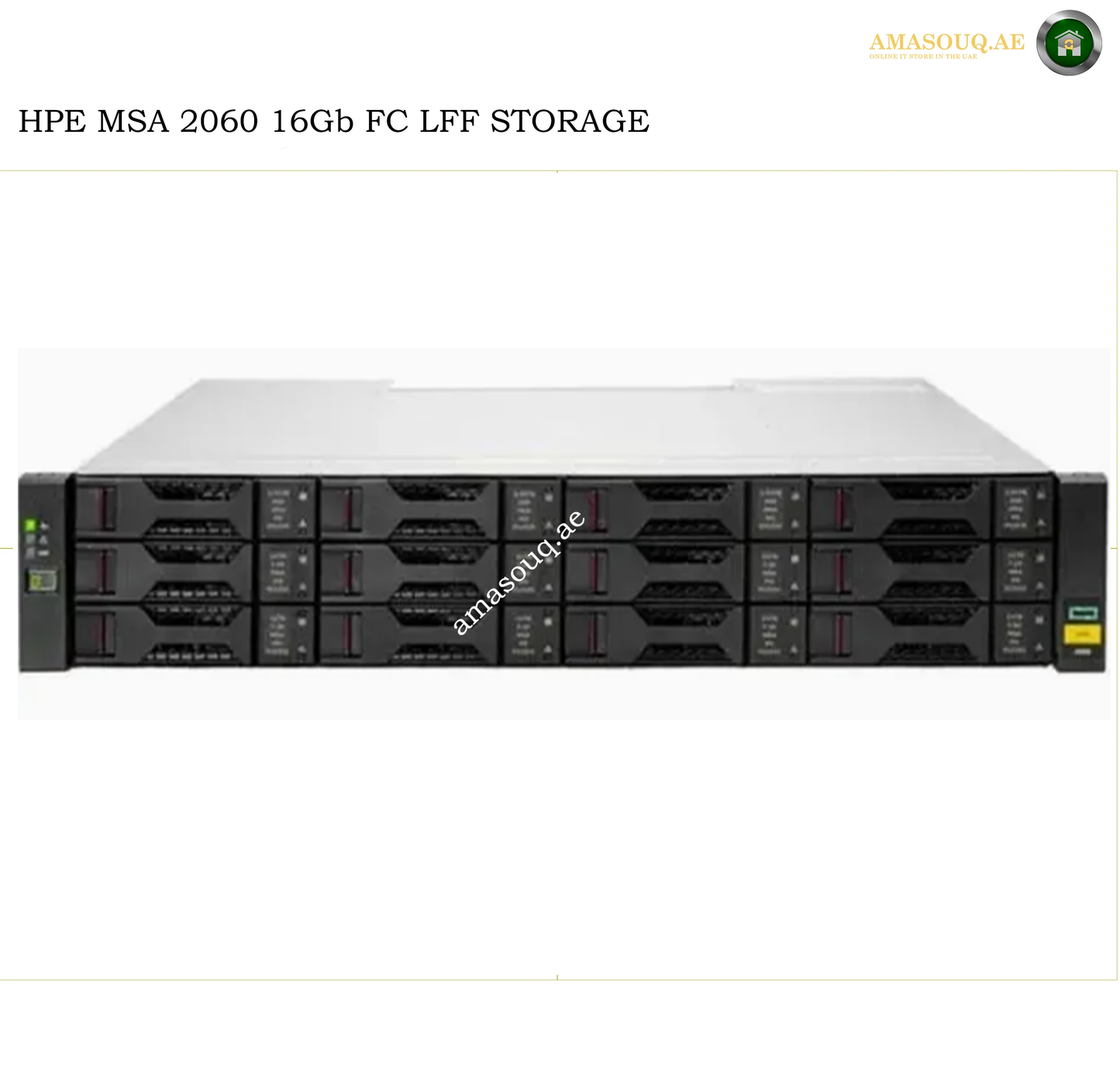 HPE MSA 2060 16Gb FC LFF STORAGE server shown from the front on a white background, with HPE branding and AMASOUQAE text visible.