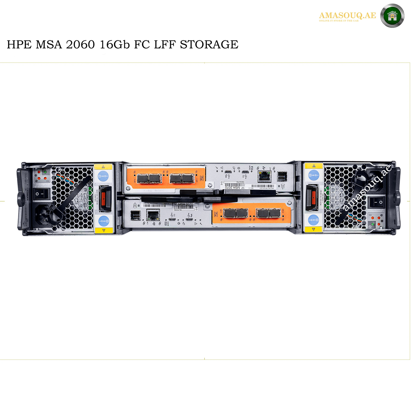 HPE MSA 2060 16Gb FC LFF Storage server shown from the rear, featuring orange and black power supplies, cooling fans, and various port connectors on a white background with text overlays.