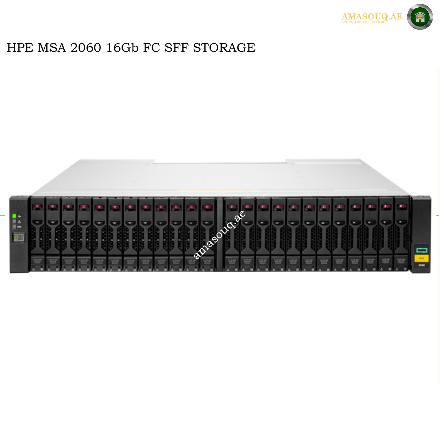 HPE MSA 2060 16Gb FC SFF storage server shown from the front on a white background, with HPE branding and product text at the top.