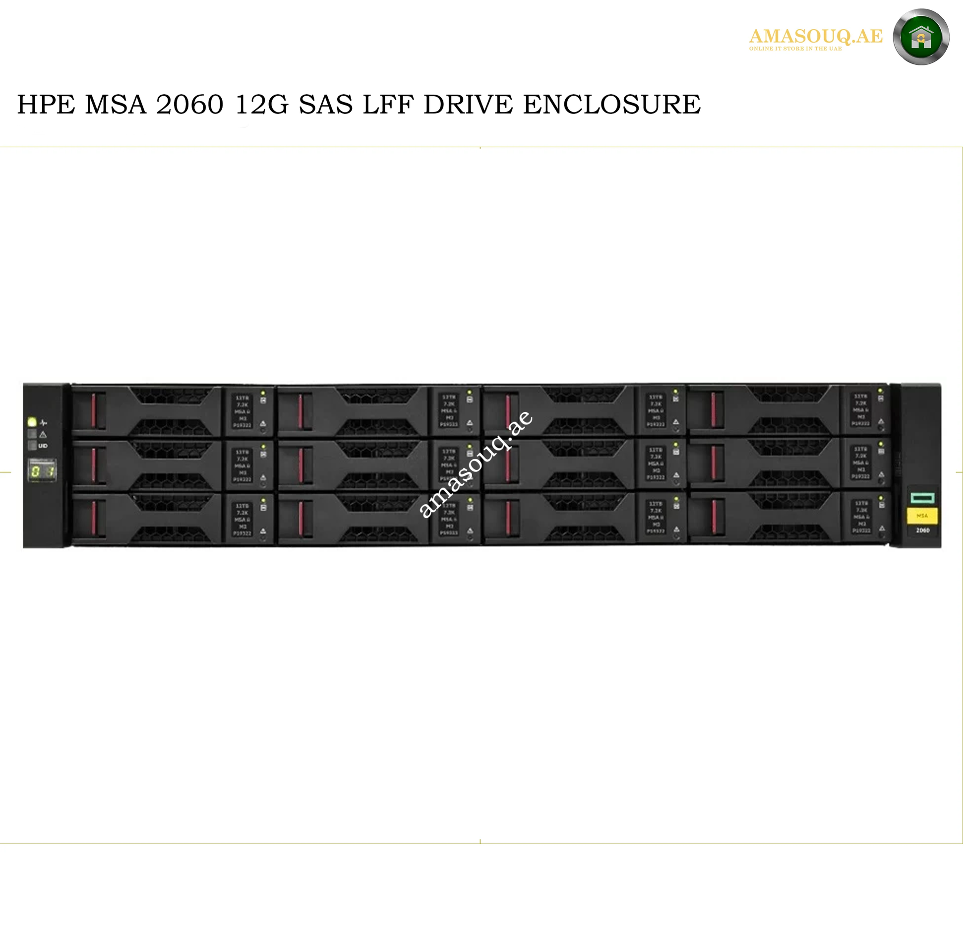 HPE MSA 2060 12G SAS LFF Drive Enclosure server chassis shown in a front-facing product shot on a white background with a small logo and text at the top.
