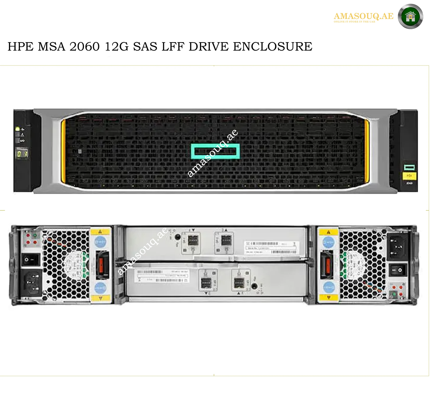 HPE MSA 2060 12G SAS LFF Drive Enclosure shown from the front and rear, with a turquoise highlight on the front chassis plate. The product is displayed against a white background with text identifying the model and a watermark.