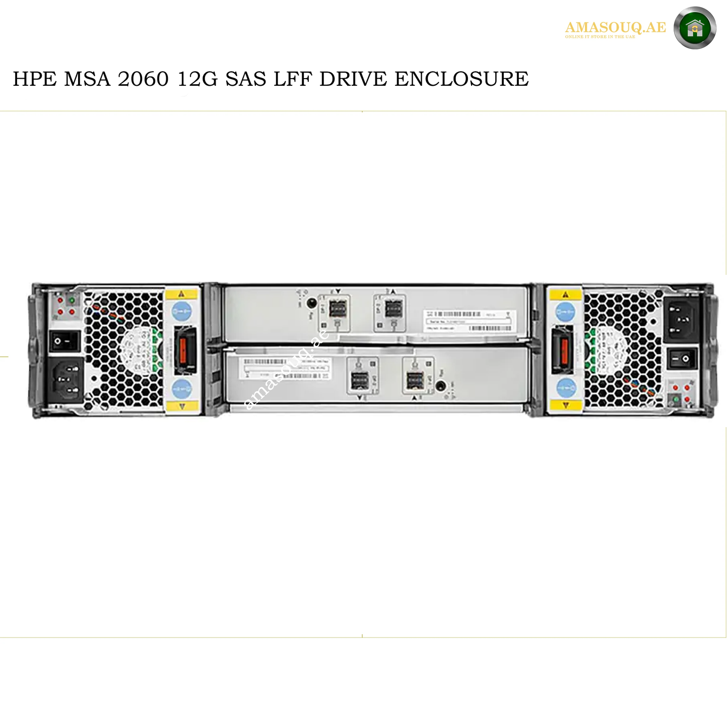 HPE MSA 2060 12G SAS LFF Drive Enclosure server power module shown from the front and back on a white background, with HPE branding and an Amasouqae watermark.