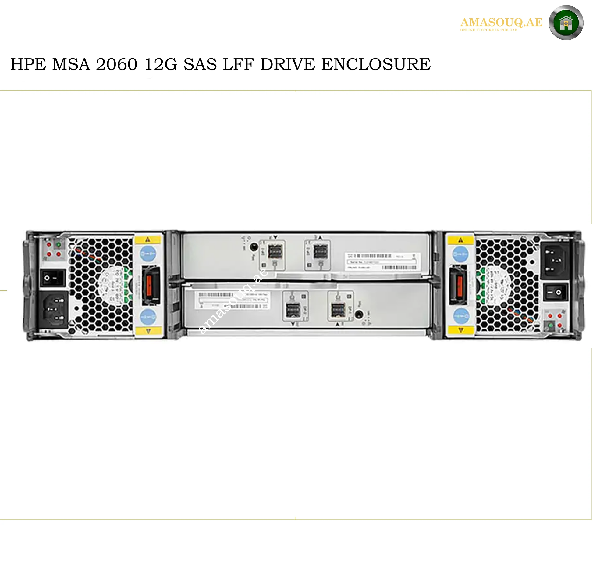 HPE MSA 2060 12G SAS LFF Drive Enclosure server power module shown from the front and back on a white background, with HPE branding and an Amasouqae watermark.