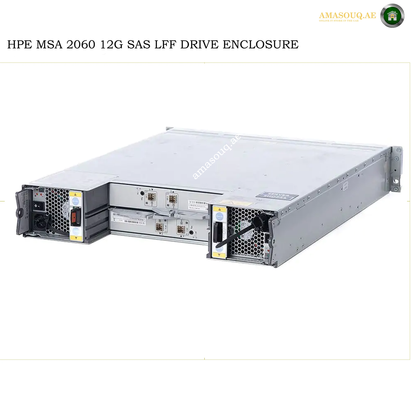 HPE MSA 2060 12G SAS LFF Drive Enclosure server hardware shown on a white background with a text header and a small logo in the top right corner.
