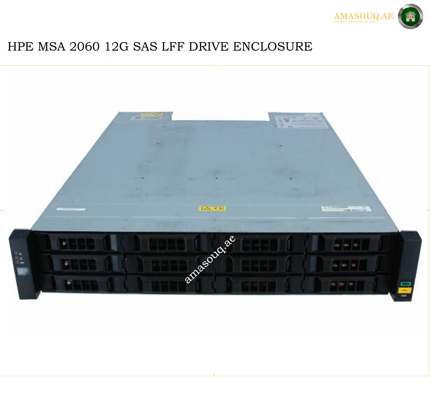 HPE MSA 2060 12G SAS LFF Drive Enclosure server chassis shown from the front on a white background, with text overlay at the top and a watermark across the center.