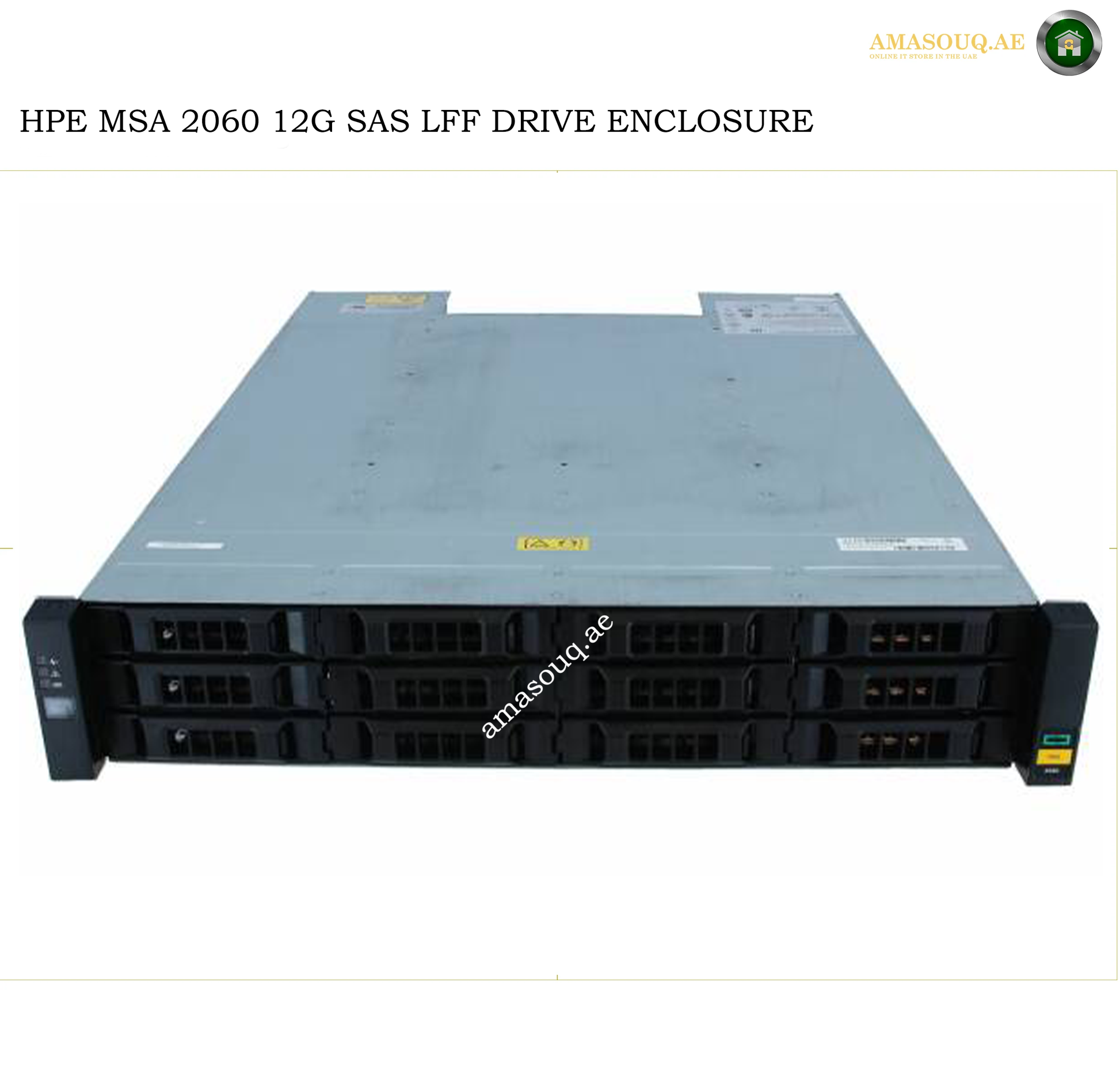 HPE MSA 2060 12G SAS LFF Drive Enclosure server chassis shown from the front on a white background, with text overlay at the top and a watermark across the center.