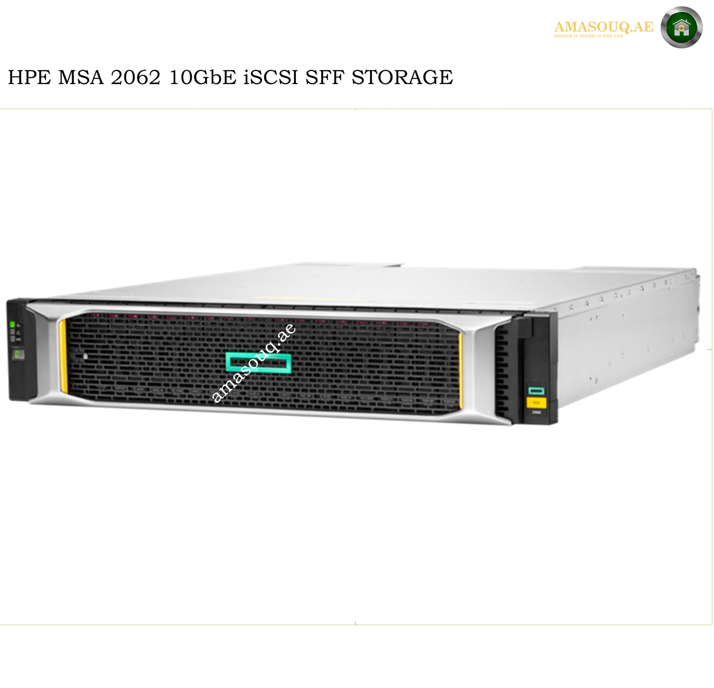 HPE MSA 2062 10GbE iSCSI SFF storage server shown from the front on a white background, with HPE branding visible on the front panel and text at the top reading 'HPE MSA 2062 10GbE iSCSI SFF STORAGE'.
