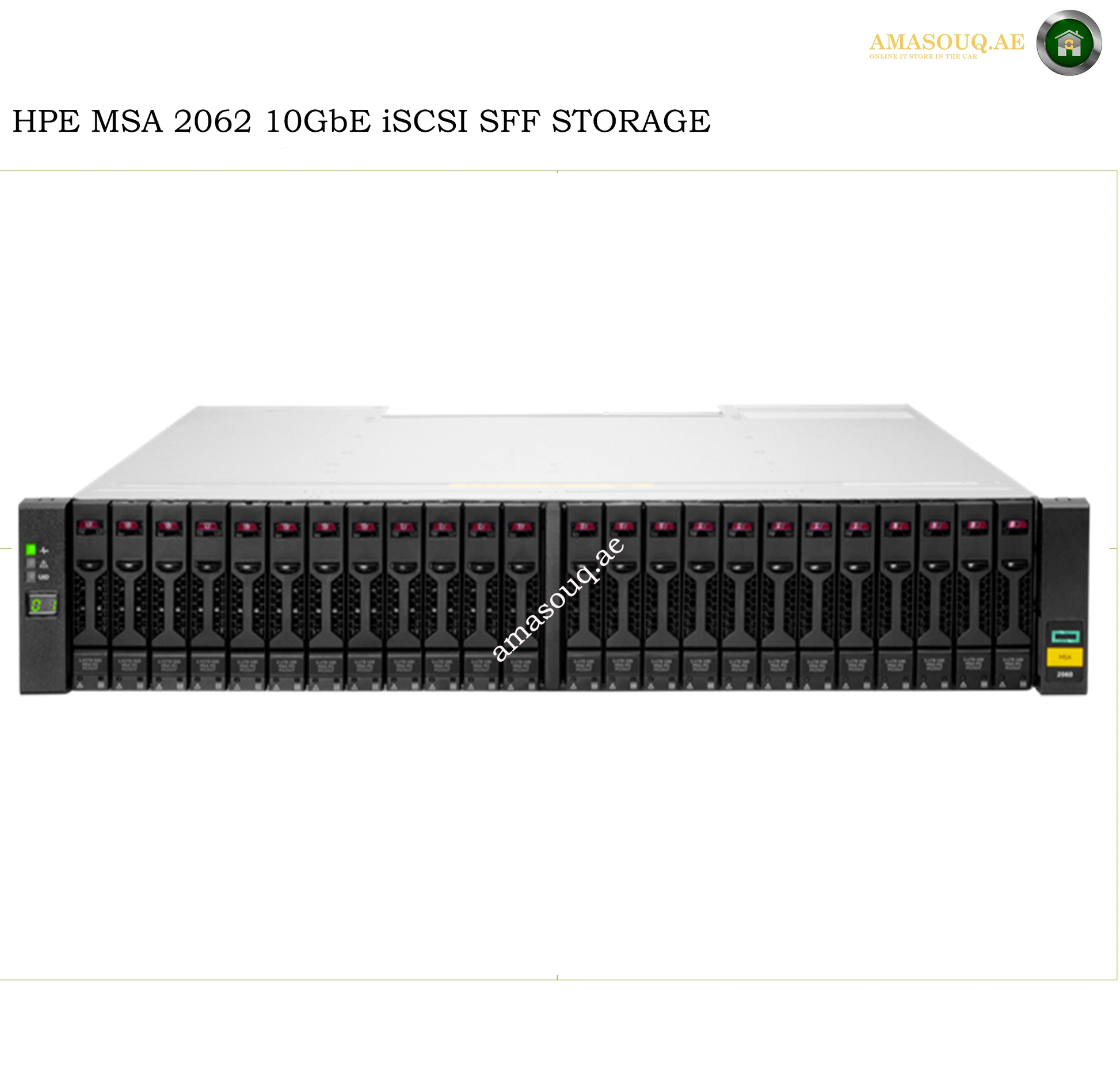 HPE MSA 2062 10GbE iSCSI SFF STORAGE server shown from the front on a white background, with HPE branding and product text at the top.
