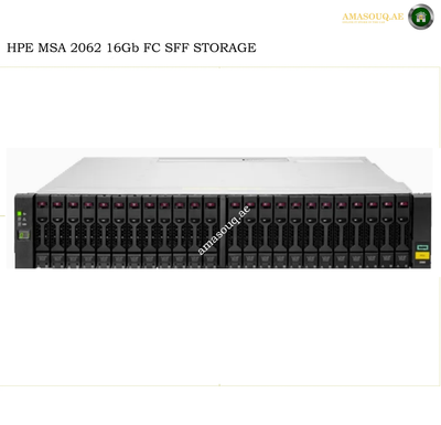HPE MSA 2062 16Gb FC SFF STORAGE server shown from the front on a white background, with text reading 'HPE MSA 2062 16Gb FC SFF STORAGE' at the top and an Amasouqae logo in the upper right corner.