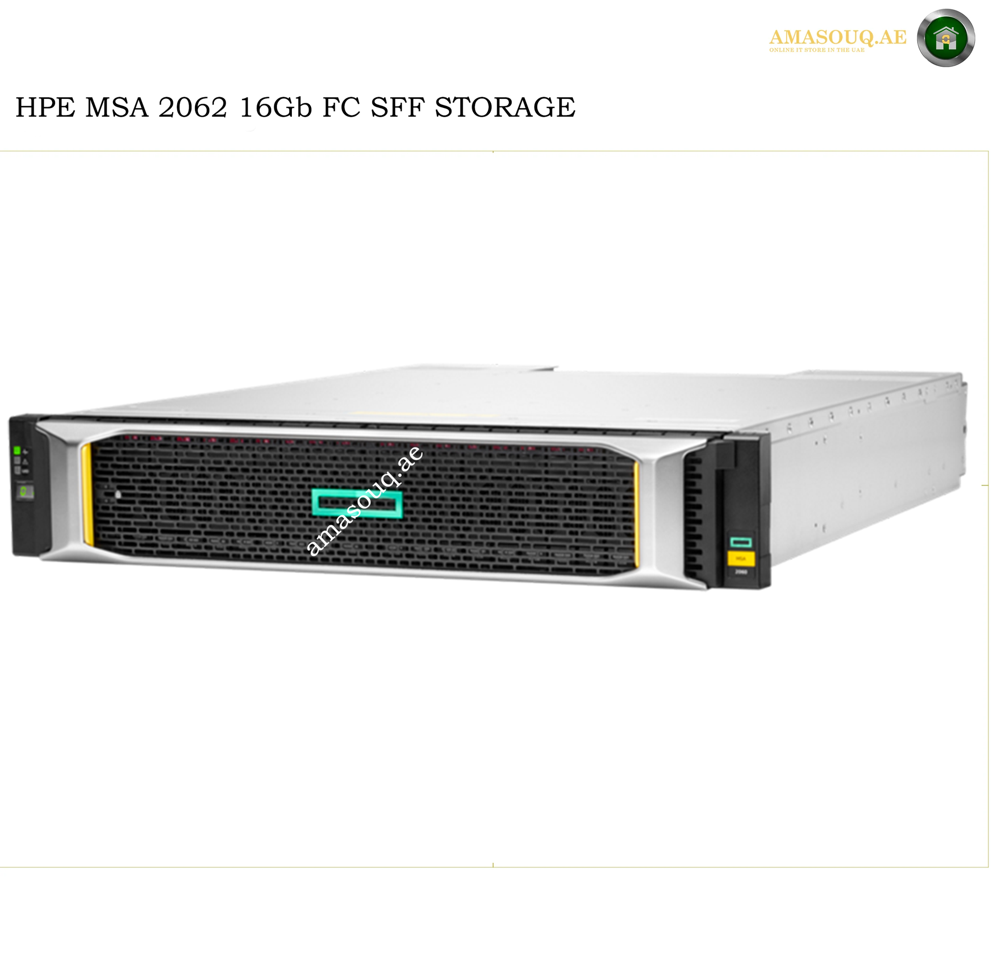 HPE MSA 2062 16Gb FC SFF Storage server shown from a three-quarter angle on a white background with text overlay and Amasouqae branding.
