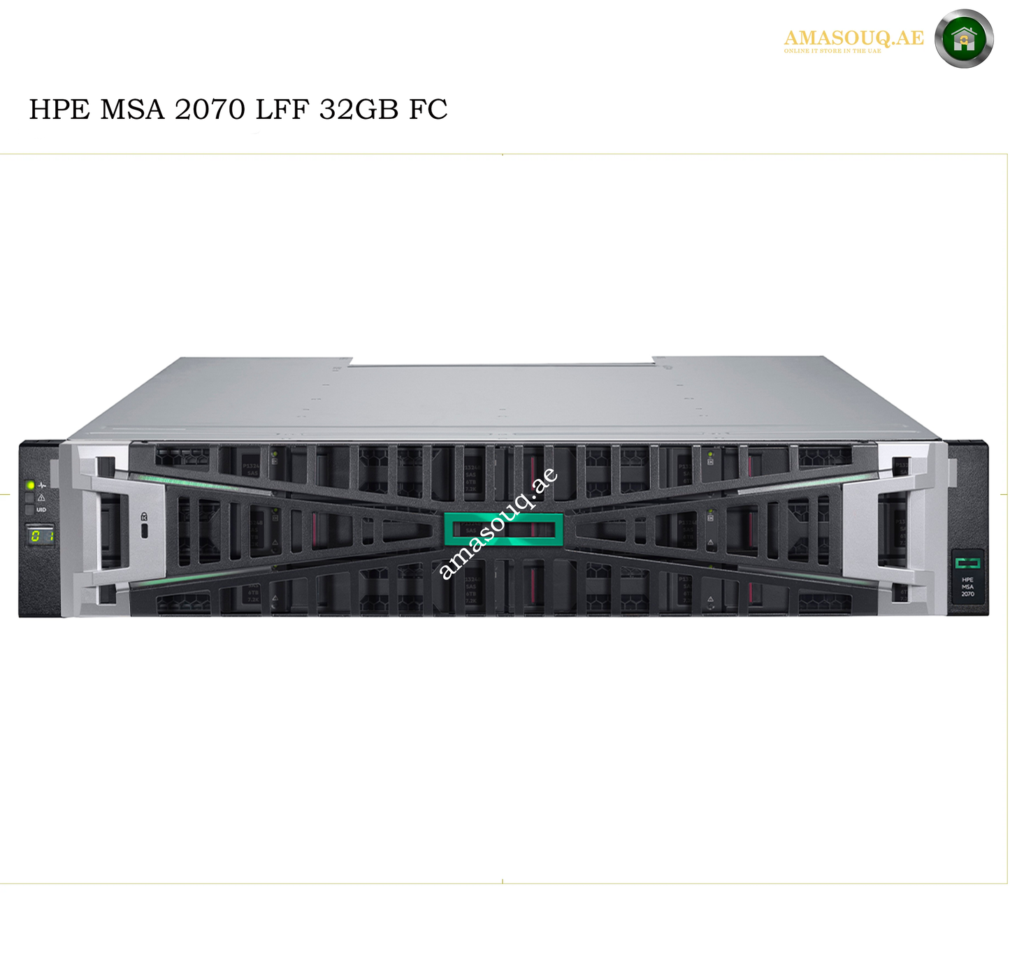 A HPE MSA 2070 LFF 32GB FC high-performance storage server shown from the front on a white background with text and logo overlays.